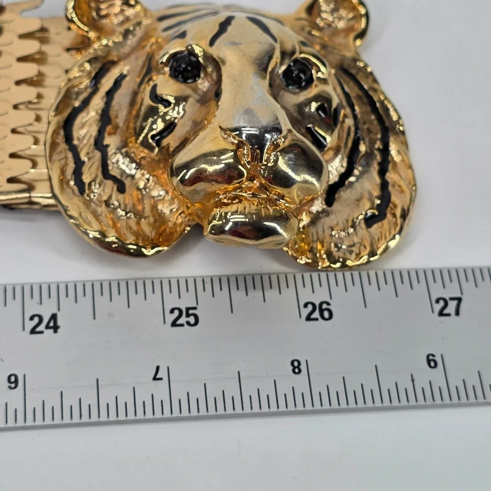Vintage Tiger Belt Gold Tone Metal Accessory Accent Scale Stretch 90s Glam Retro